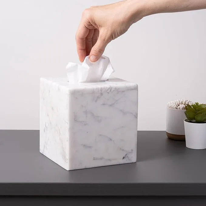 Cork & Mill Marble Tissue Box Cover for Kleenex and More, Decorative Cube Style Holder, Large Square Facial Tissue Dispenser Container for Home, Real Solid White Marble Bathroom Accessory - ModernBath