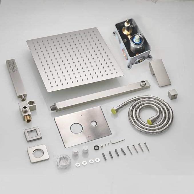 Heable Brushed Nickel Shower System 12 Inches Bathroom Luxury Rain Shower Head with Handheld Combo Set Wall Mounted High Pressure Rainfall Shower Head System Shower Faucet with Valve and Trim Kit - ModernBath