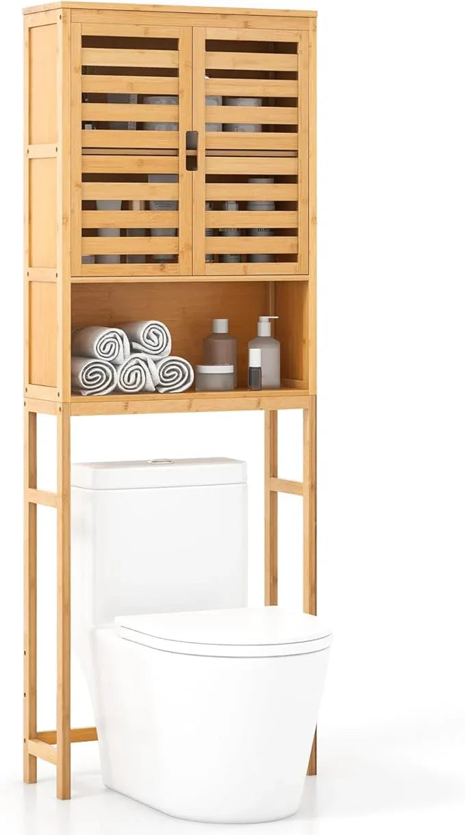 Tangkula Over The Toilet Storage Cabinet, Bamboo Bathroom Space Saver with 2 Doors, Adjustable Bottom Bar, Open Shelf, Freestanding Bathroom Cabinet Organizer Above Toilet for Restroom, Laundry Room - ModernBath