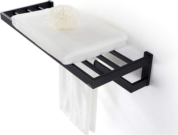 Towel Racks for Bathroom, Square Modern Hotel Style Towel Shelf with Towel Bar, Bath Towel Holder Wall Mounted, 24Inch, Matte Black, No Assembly, 073100-MB Ler Series - ModernBath