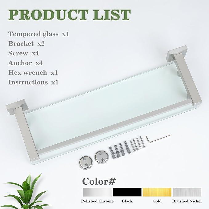 Alise Bathroom Glass Shelf with Stainless Steel Railing, Brushed Nickel Small Tempered Glass Floating Wall Shelf Over The Toilet, 16 inch - ModernBath