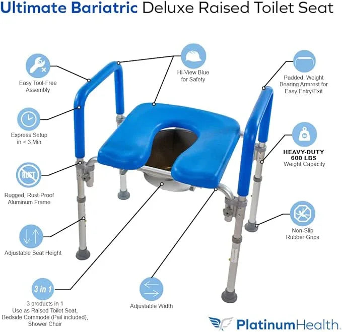 Platinum Health The Ultimate™ Bariatric Raised Toilet Seat, Bedside Commode, Voted#1 Most Comfortable. Padded with Armrests. Adjustable Height. 600lb. Elevated Toilet Seat with Arms. - ModernBath