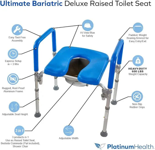 Platinum Health The Ultimate™ Bariatric Raised Toilet Seat, Bedside Commode, Voted#1 Most Comfortable. Padded with Armrests. Adjustable Height. 600lb. Elevated Toilet Seat with Arms. - ModernBath