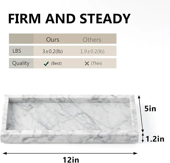 Real Natural Small Marble Tray for Bathroom, Vanity, Kitchen and Desktop, Rectangle Genuine Marble Stone Tray for Jewelry, Cosmetics, Candles, Lotion, Perfume and Home Decor (White, 12" x 5" x 1.2") - ModernBath
