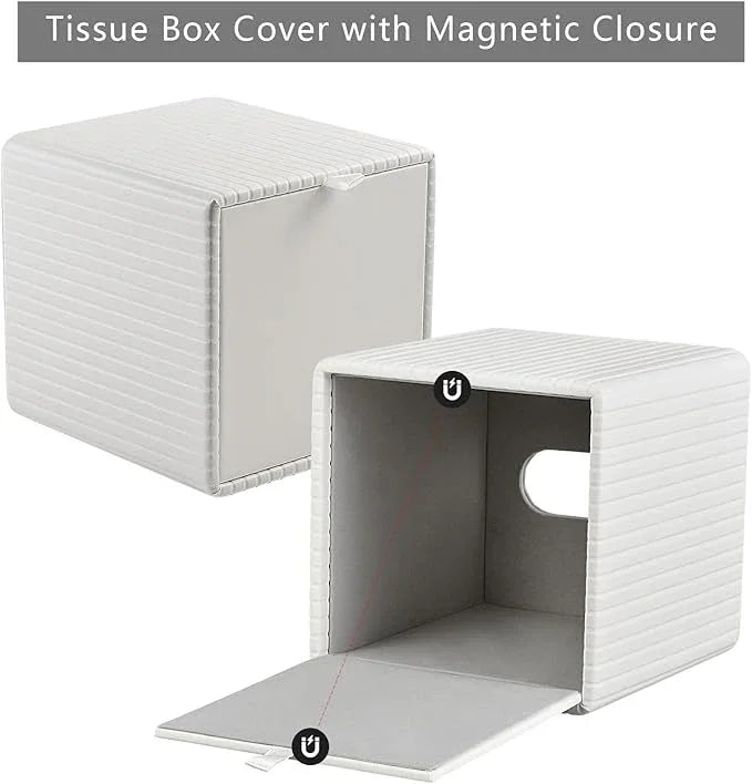 XNONE PU Leather Tissue Box Cover Square Tissue Box Holder for Bathroom Vanity Countertop Night Stands Bedroom Office Desk,Modern Tissue Decorative Organizer with Magnetic Closure (Cream White) - ModernBath