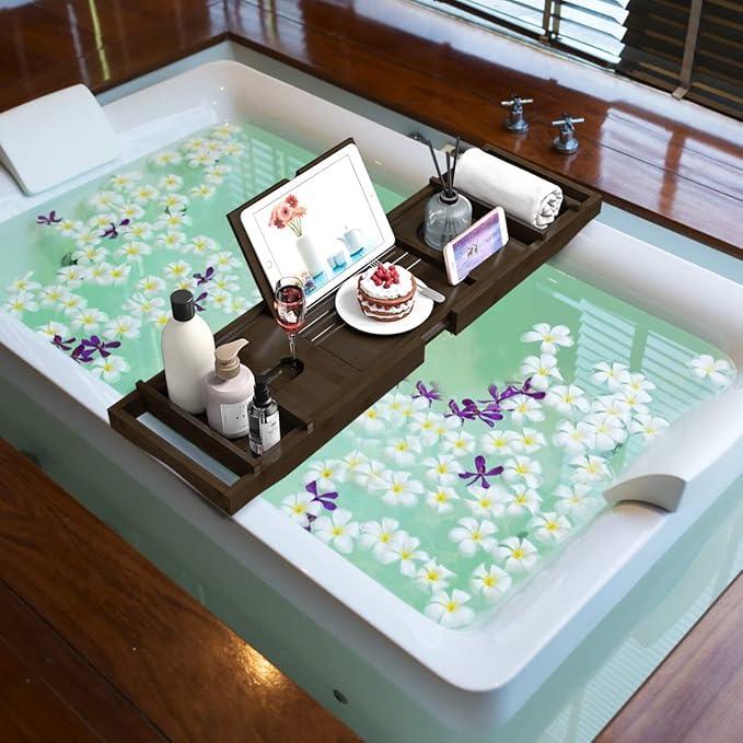 Bamboo Bathtub Tray for Luxury Bathroom, Expandable Premium Bath Tray w/Soap Towel Book Holder, Adjustable Bath Accessories for Tub,Extendable Tub Tray w/Wine Glass Cup Organizer 29.5-43.3" Espresso - ModernBath