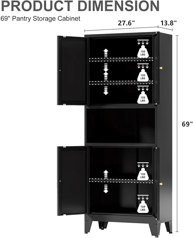 Metal Kitchen Pantry Cabinet, 69" Tall Storage Cabinet with 4 Doors and 3 Adjustable Shelves, Freestanding Cupboards for Dining Room, Living Room, Bathroom (Black, 69" H) - ModernBath