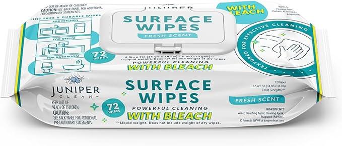 Juniper CLEAN 1 Pack Surface Wipes with Bleach, All-Purpose Cleaner for Bathroom, Kitchen, Office, 72 Count Soft Flow, Fresh Scent, Lint Free & Durable - ModernBath