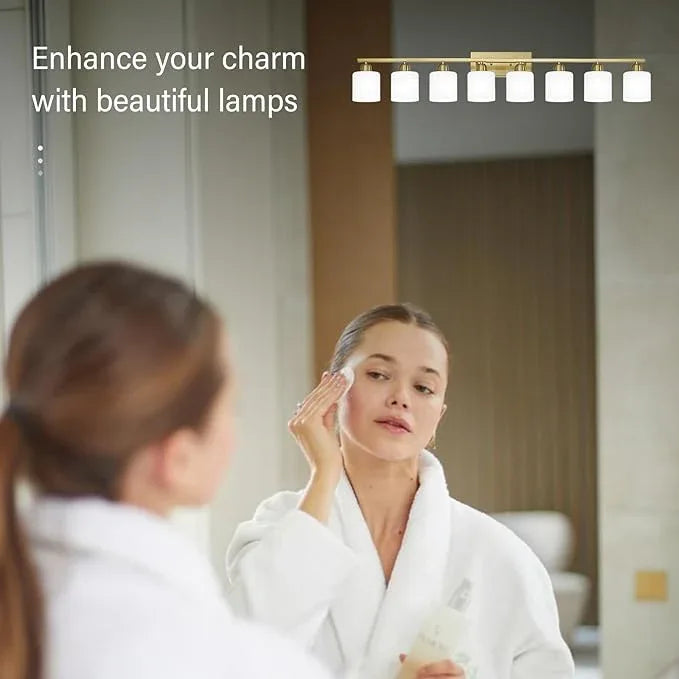 8 Light Bathroom Light Fixtures Gold for Big Mirror, Brushed Gold Vanity Lights for Bathroom with Milky White Frosted Glass Shades, 51 inch Wall Sconce for Mirrors Living Room Bedroom - ModernBath