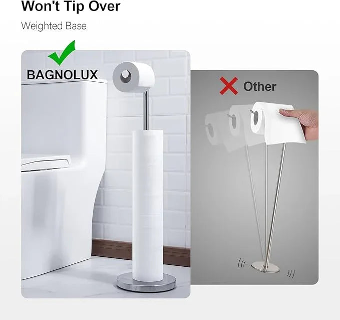 BAGNOLUX Bathroom Toilet Paper Holder Stand with Reserve, SUS304 Stainless Steel Rustproof Pedestal Tissue Roll Holder Heavy Duty, Polished Chrome - ModernBath