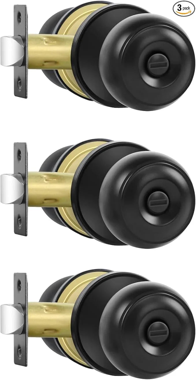 Privacy Door Knobs, 3 Pack Matte Black Door Knobs with Lock, Bed and Bath Door Knob Interior Keyless Locksets, Round Door Handles Reversible for Left Right Handed Doors - ModernBath