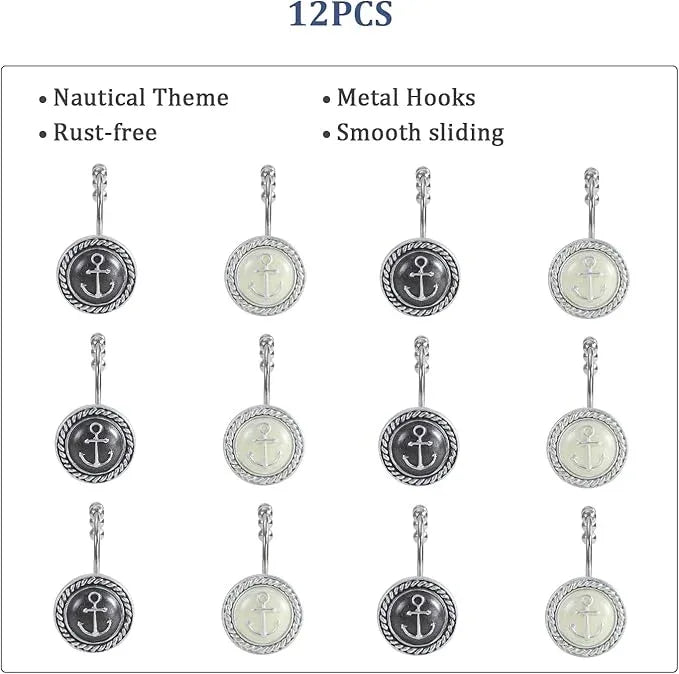 Decorative Nautical Shower Hooks, 12-Pack Black & White Design with 5 Smooth-Glide Rollers, Rust-Proof for Bathroom Bedroom Living Room Decor - ModernBath
