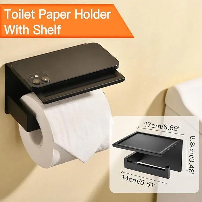 Towel Racks for Bathroom Black,5-Piece 16" Towel Bar Bathroom Hardware Accessories Wall Mounted Include Hand Towel Rod,Toilet Paper Holder with Shelf,Towel Holder,Robe Hook Matte - ModernBath