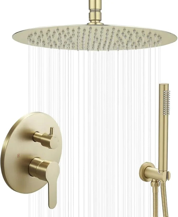 JingGang Brushed Gold Ceiling Mount Round Rain Shower System with 16 Inch Shower Head and Handheld Bathroom Shower Set Contain Shower Faucet Trim Kit (Mixer Valve Included) - ModernBath