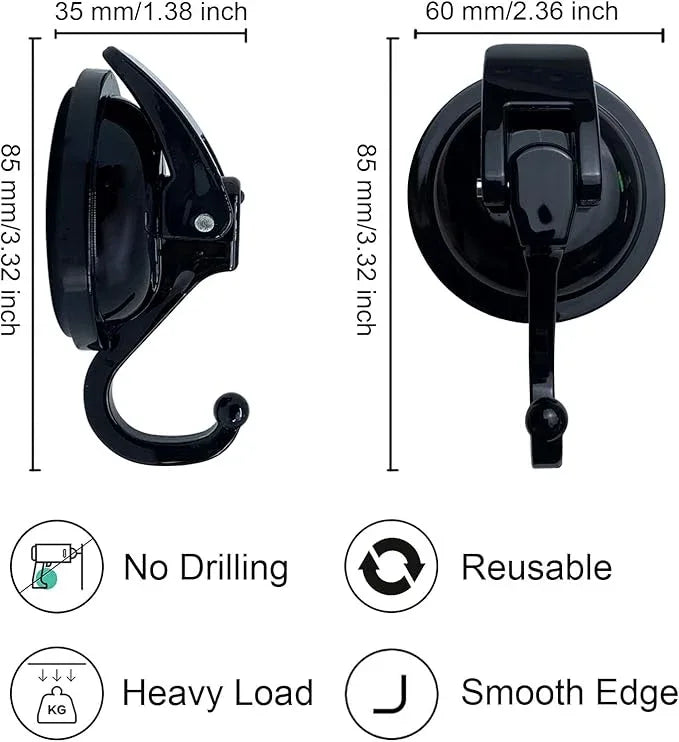 Heavy Duty Suction Cup Hooks for Shower, Bathroom Robe, Garland Decoration - Vacuum Glass Hooks, Reusable, No Hole Punched (Black, 4 Pack) - ModernBath