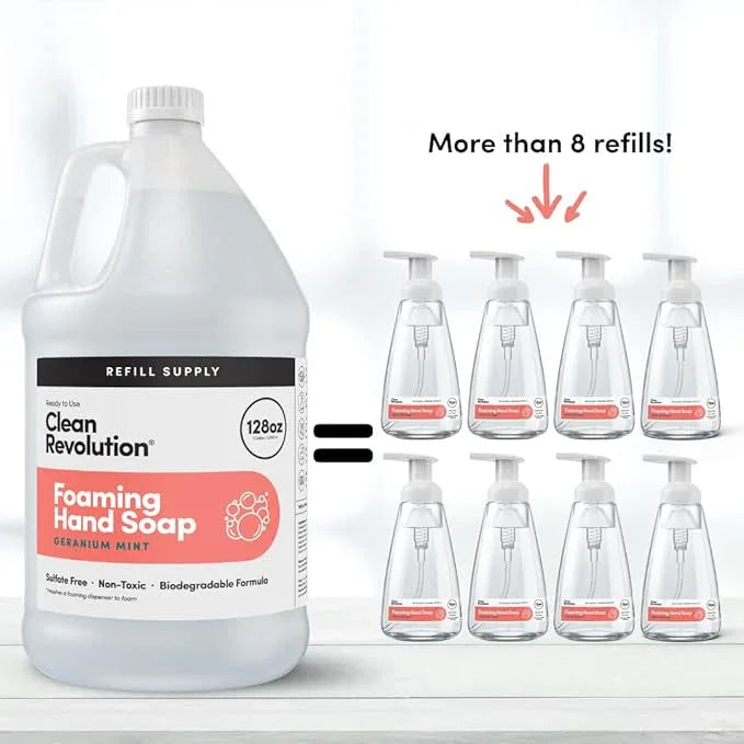 Clean Revolution Foaming Hand Soap, Gentle, Moisturizing, Ready To Use Formula, Real Essential Oils, Gluten Free, Geranium Mint, 128 Fl Oz - ModernBath