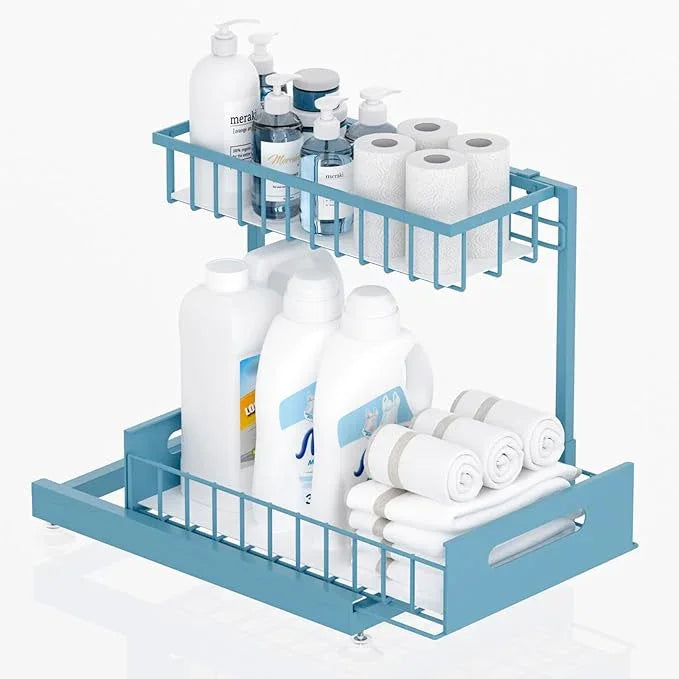 Under Sink Organizer Storage 2-Tier Premium Metal Pull-Out Racks, Height Adjustable, Heavy Dut and Easy Installation for Kitchen & Bathroom Organizers 1 Pack Teal - ModernBath