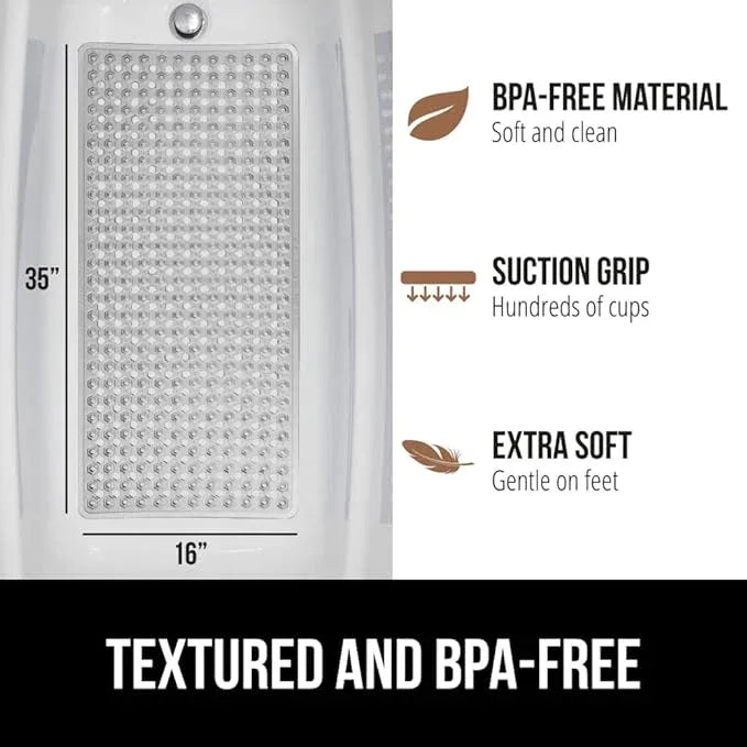 GORILLA GRIP Patented Bath Tub Shower Mat, Machine Washable Bathtub Floor Liner Mats, Suction Cups and Drain Holes to Keep Tubs Clean, Soft on Feet, Bathroom Essentials, 35x16 Inch, Clear Gray - ModernBath