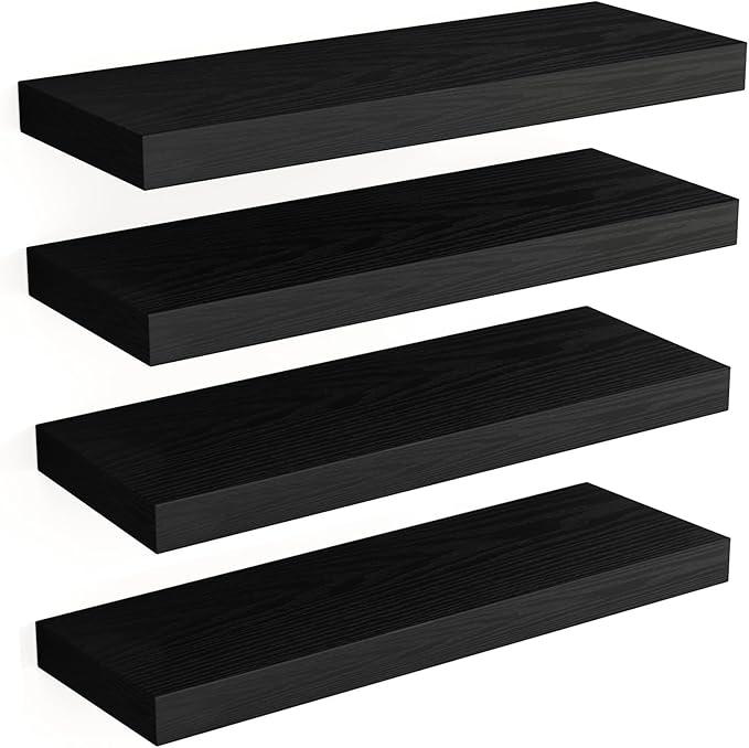 Fixwal Floating Shelves for Wall, Wall Mounted Rustic Wood Shelves for Bathroom, Living Room, Bedroom and Kitchen, Wall Shelves for Storage,Books,Room Decor (Black, Set of 4, 15.8 Inch) - ModernBath
