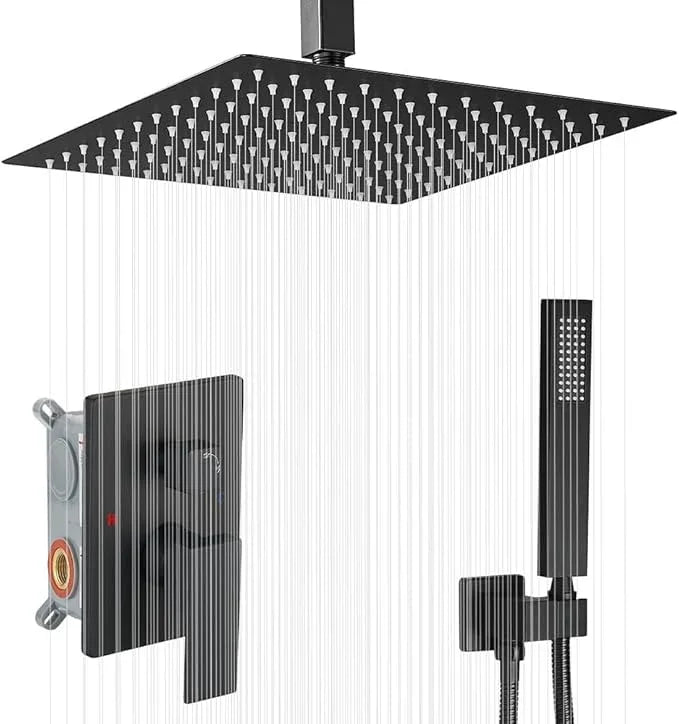 JingGang 16 Inch Ceiling Mount Matte Black Shower System Bathroom Luxury Rain Mixer Shower Combo Set Ceiling Rainfall Shower Head System (Contain Shower Faucet Rough-in Valve Body and Trim Kit) - ModernBath