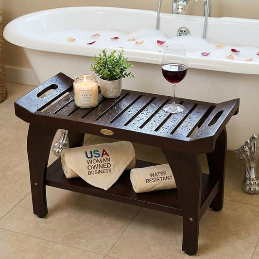 DecoTeak Tranquiity 30 Inch Brown Waterproof Teak Wood Shower Bench Stool Seat Chair for Inside Shower Provides Safety, Storage, and Organization for Bathroom Accessories - ModernBath