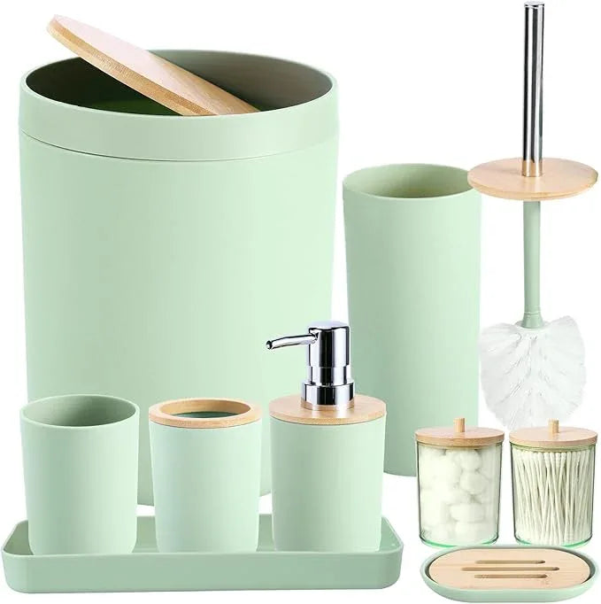 iMucci 9Pcs Pastel Green Bathroom Accessories Set - with Trash Can,Toilet Brush,Toothbrush Holder, Lotion Soap Dispenser, Soap Dish,Toothbrush Cup,Qtip Holder (Bamboo Cover) - ModernBath