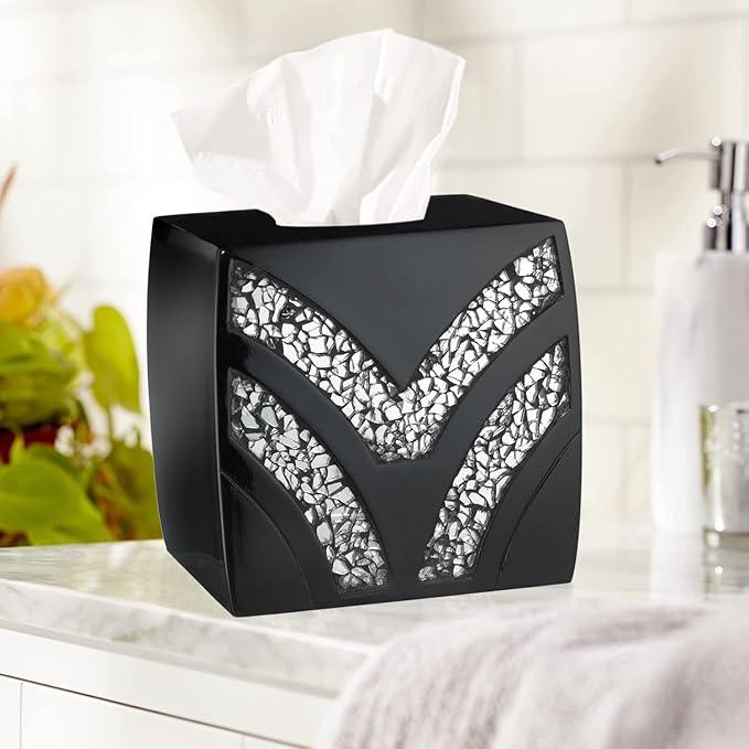 Zahari Home 2pc Sinatra Black Modern Bath Accessories Set Waste Basket & Tissue Box Modern Decorative Beautiful Designs Bathroom Decor Set for Home Luxury Bath Set Mosaic Glass - ModernBath