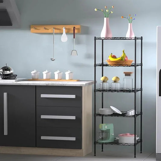 5 Tier Standing Metal Wire Shelving Unit, Adjustable Height, Storage Shelf Units for Laundry Bathroom Kitchen Pantry Closet (11.6" D x 16.6" W x 49" H inches, Black) - ModernBath