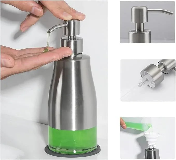 Gaussra 2 Pack Soap Dispenser with Coaster and Stickers, Stainless Steel Case Glass Liner Hand Pump Dispenser, Refillable Liquid Hand Soap Dispenser for Bathroom & Kitchen - Brushed Nickel - ModernBath