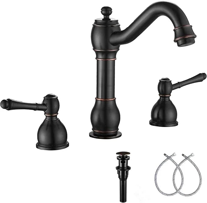 GGStudy 2 Handles 3 Holes Faucet Widespread Bathroom Sink Faucet Basin Tap Mixer Supply Hose Included Matching Pop Up Drain Oil Rubbed Bronze - ModernBath