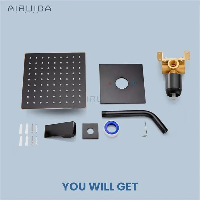 Airuida Shower Faucet Set Bathroom Rain Shower System 8 Inch Square Showerhead Single Function 1 Handle Trim Kit with Female Thread Rough-in Valve Cover Plate with H and C Labels Oil Rubbed Bronze - ModernBath