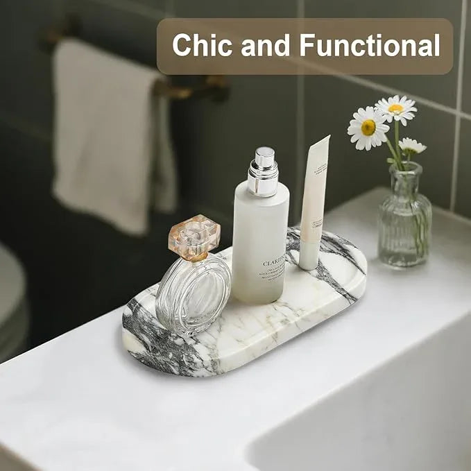 Natural Marble Vanity Tray - Moujings Genuine Marble Perfume Tray for Bathroom Decor, Stone Bathroom Vanity Organizer Tray for Kitchen Counter, Candles, Jewelry, Coffee, Makeup, Key - ModernBath