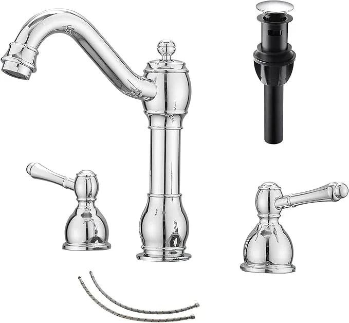 GGStudy 2 Handles 3 Holes Faucet Widespread Bathroom Sink Faucet Basin Tap Mixer Supply Hose Included Matching Pop Up Drain Polished Chrome - ModernBath