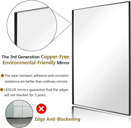 LEDLUX 30x30 Inch Black Bathroom Mirror, Copper-Free Mirror, Aluminum Alloy Frame Vanity Mirror, Rectangle Wall Mounted Mirror, Modern Mirror for Bedroom/Living Room/Porch Horizontal or Vertical - ModernBath