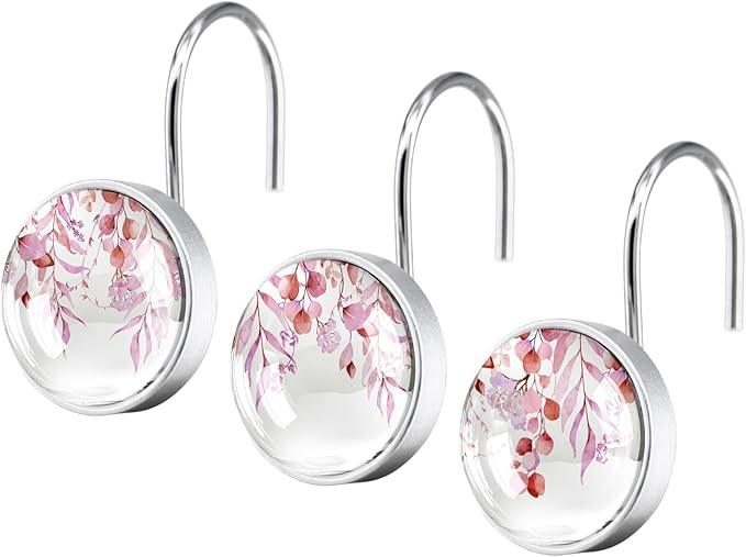 12 Pcs Pink Eucalyptus Shower Curtain Hooks - Decorative Shower Curtain Hooks Rings Set - Stainless Steel Round Resin Shower Rings Hangers for Modern Bathroom Home Bath Room Rods Decor - ModernBath