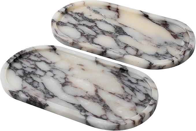 Faticdorr Marble Tray, 2 Pcs, Marble Vanity Tray, Bathroom, Decor for Trinket Perfume Jewelry Candle, White Marble Purple Veins, 12 Inch Oral - ModernBath
