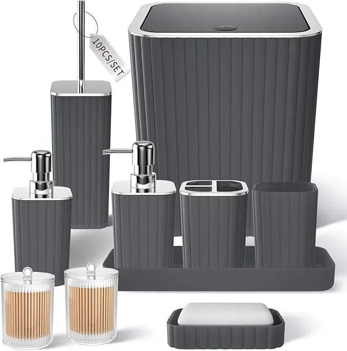 XLHOMO Bathroom Accessories Set - Gorgeous Grey Bathroom Set, 10PC Bathroom Accessory Set, Gray Bathroom Accessories Set, Trash Can, Qtip Holder Dispenser & Soap Dispenser - ModernBath