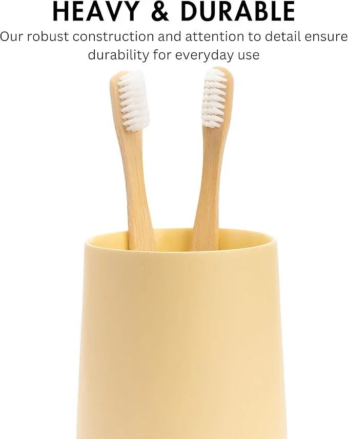 Yew Design Matte Yellow Cream Toothbrush and Toothpaste Holder and Cup for Bathroom Vanity and Countertop, Round Organizer for Electric Toothbrushes, Floss, Razors, Cotton, and Mouthwash - ModernBath