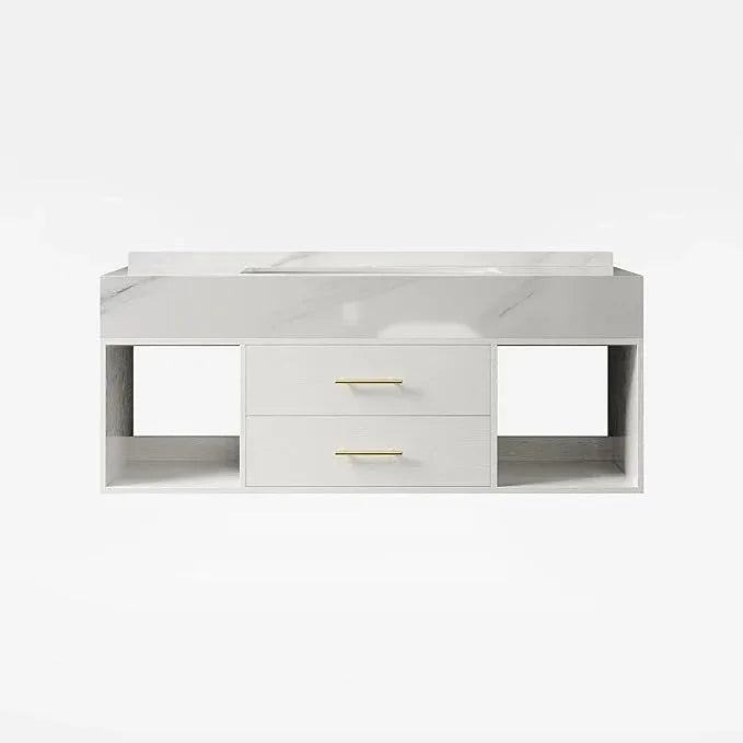 homary 35.4" Floating Bathroom Vanity Set, Modern Wall-Mounted Vanity Bathroom Medicine Cabinet with Sintered Stone Countertop, Undermount Sink & White, 2 Open Storage Shelves - ModernBath