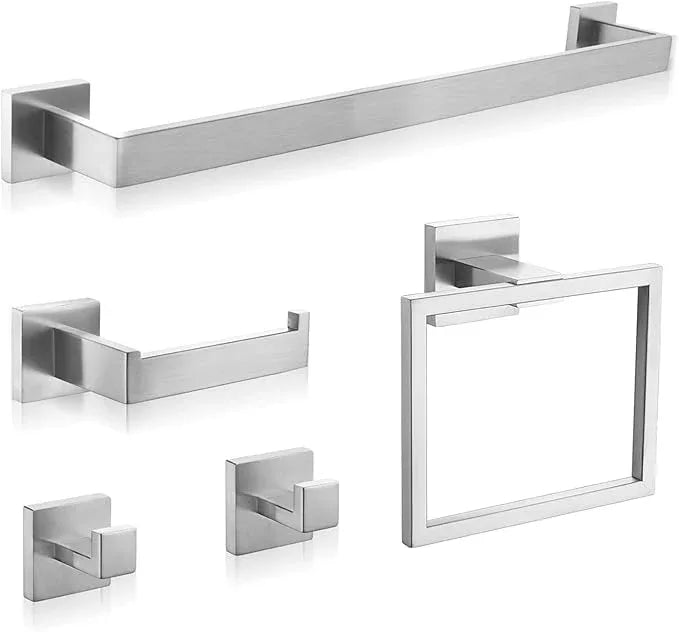 Bathroom Hardware Set Brushed Nickel,16 inch 5-Piece Towel Bar Wall Mount Modern Bathroom Accessories Include Towel Rack,Toilet Paper Holder,2*Robe Hook - ModernBath