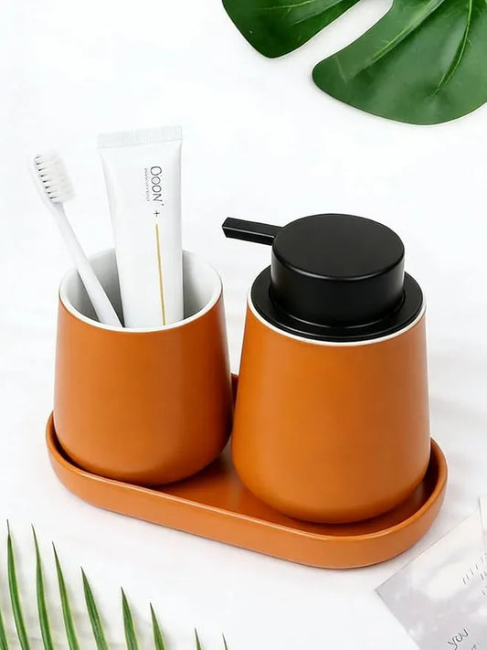 BosilunLife Bathroom Accessories Set 3 pcs - Bathroom Ceramic Foaming Soap Dispenser Set Farmhouse Bathroom Decor, Foam Soap Dispenser and Toothbrush Holder with Tray, Orange - ModernBath