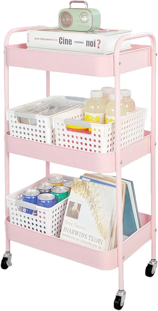 3 Tier Pink Rolling Cart for Nursery & Laundry Room with Handle & 4 Hooks, Metal Kitchen Storage Cart on Wheels and Lockable Casters, Large Capacity Sturdy Trolley for Lash Craft Bathroom