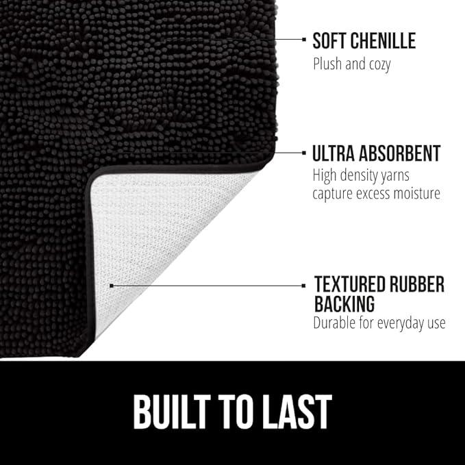 GORILLA GRIP Bathroom Rug Sets 3 Piece, Bath Mat Set and Oval Toilet Base with Rubber Backing, Plush Absorbent Shaggy Chenille Washable Mats, Includes 24x19.5, 24x17 and 36x24 Inch Rugs, Black - ModernBath