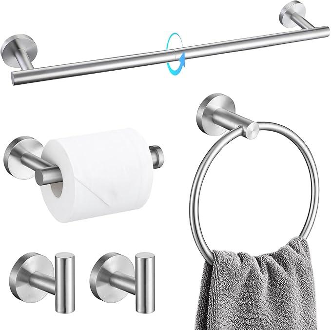 TQKAG Bathroom Towel Bar Holder Sets Brushed Nickel 23.6 Inch Round Stainless Steel Towel Bar Set 5 Piece Bathroom Accessory Set Wall Mounted - ModernBath