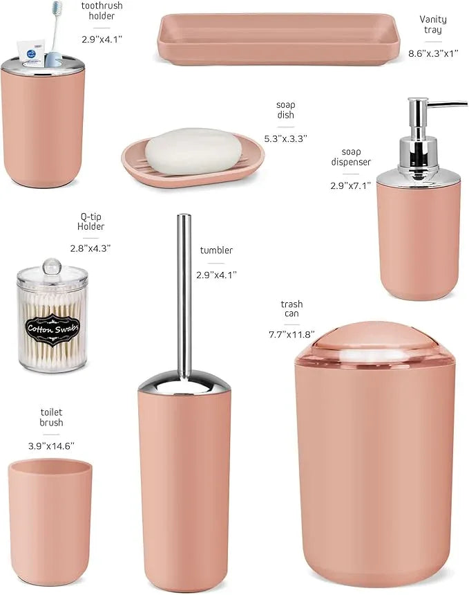 IMAVO Bathroom Accessories Set,Coral Pink Bathroom Set,9 Pieces Bathroom Accessory Set,Tray,Qtip Holders,Toilet Brush,Trash Can for Bathroom Décor and Home Gifts - ModernBath