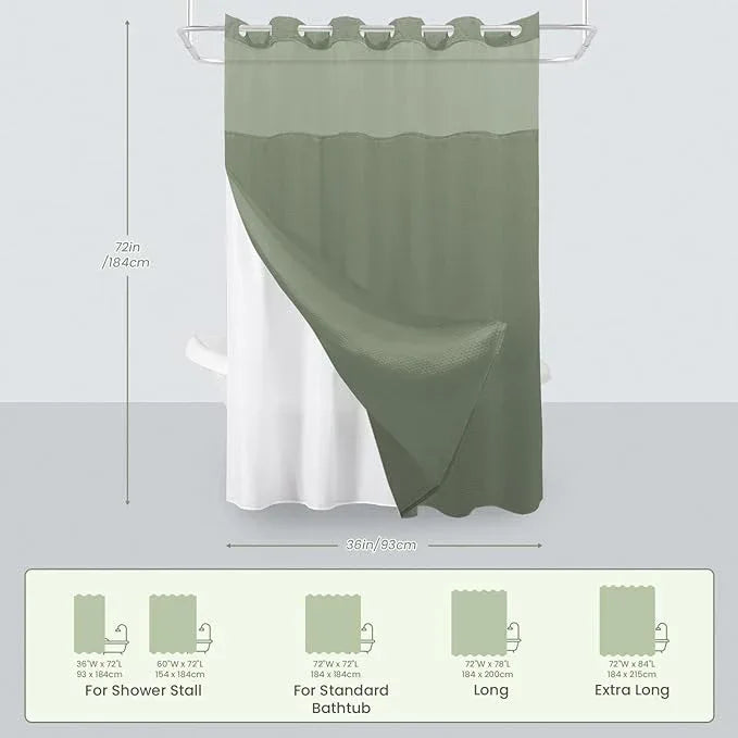 Inhousolu Stall No Hook Shower Curtain with Snap in Fabric Liner Set Waffle Weave 230GSM Weighted Hem, Waterproof & Washable Bathroom Curtain Spa Luxury with Mesh Top Window 36" W x 72" L Sage Green - ModernBath