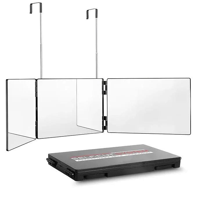 Self-Cut System 3 Way Barber Mirror with Height Adjustable Hooks, 360 Trifold Self Cut Mirror for Haircuts for Men and Women, Travel-Friendly, Three-Way Design for Easy Grooming & Styling - ModernBath