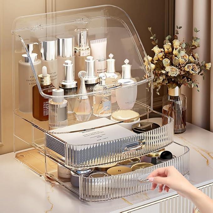 Plukers Makeup Organizer Countertop Vanity with Transparent Lid Drawers Waterproof Dustproof Cosmetic Skincare Bathroom Storage Gift for Women Teens Girls (Clear Whtie) - ModernBath