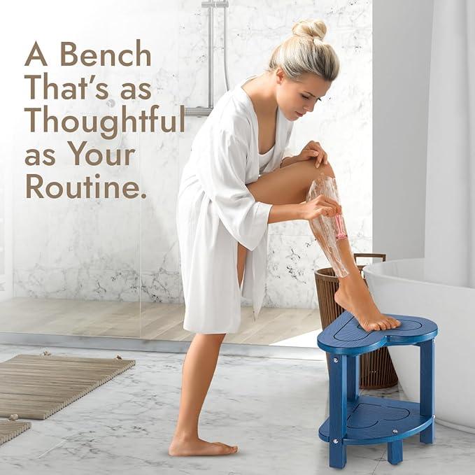 Corner Shower Stool for Inside Shower - Waterproof Corner Shower Bench, HDPE Plastic Bathroom Bench, Adjustable Height Corner Chair for Shaving Legs,Storage Shelf,Non-Slip Feet,Blue - ModernBath