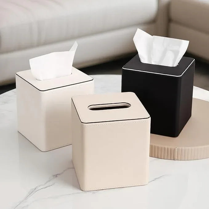 KINGFOM Leather Tissue Box Cover – Square Modern PU Leather Tissue Holder, Cube Tissue Dispenser for Home, Office, Bedroom, Bathroom – Elegant Minimalist Style (Beige-Square) - ModernBath